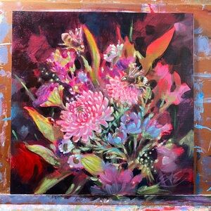 Bumblebee bouquet original painting floral still life surreal nouveau flowers